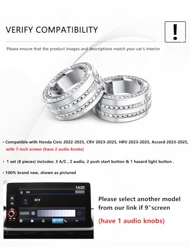 DvlynAuroa for Honda Civic Accessories 2022-2026, CRV/HRV/Acura Integra 2023-2026, Accord 2023-2025, 8PCS Aluminum Alloy Knob Cover Set (Bling) Fits 7-inch Screen with 2 Radio Knob - Image 3