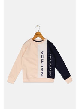 Nautica Competition Toddlers Girl Crew Neck Long Sleeves Brand Logo Sweatshirts, Pink Combo  - Image 1