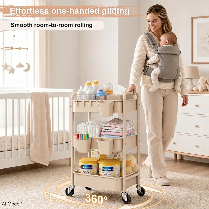 Aofure 3 Tier Beige Rolling Storage Cart Metal on Wheels, Cream Three Tiered Diaper Caddy with Wheels,Utility Organizer Trolley for Nursery,Postpartum,Art,Craft,Khaki Roller Bedside Carts for Baby Essentials - Image 2