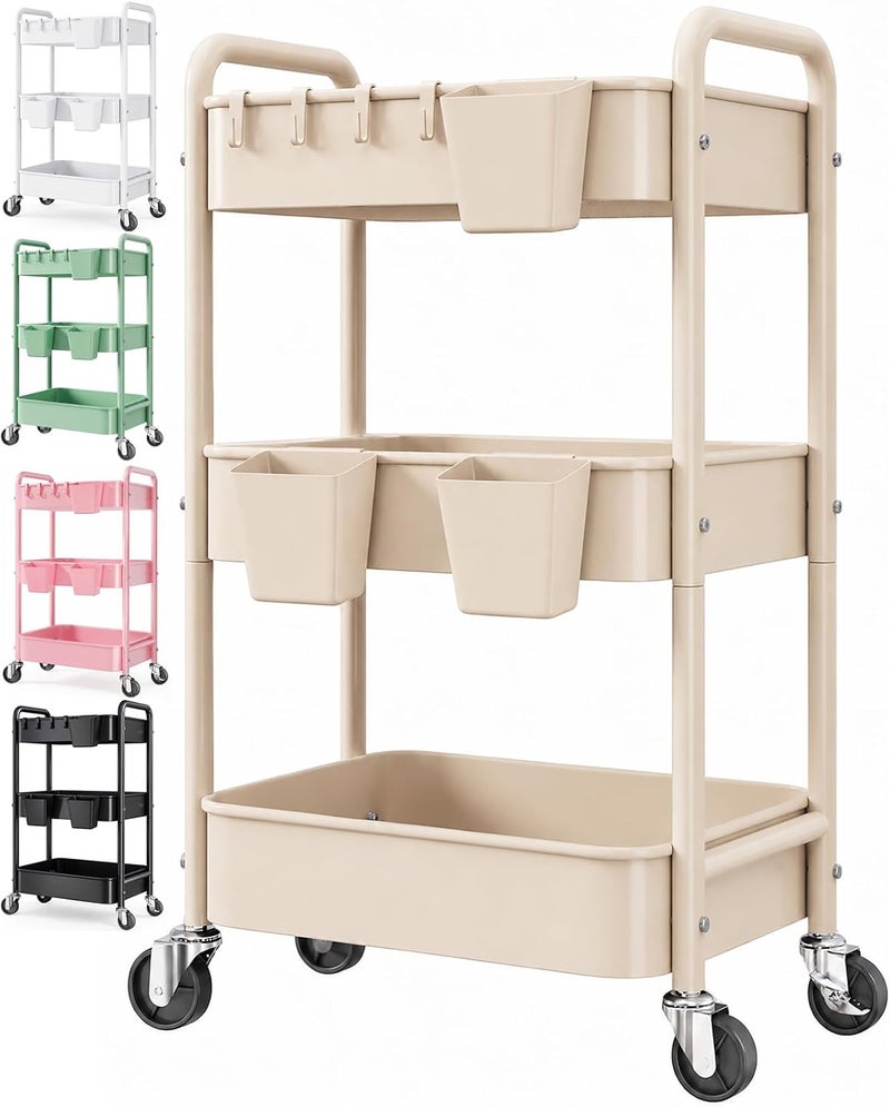 Aofure 3 Tier Beige Rolling Storage Cart Metal on Wheels, Cream Three Tiered Diaper Caddy with Wheels,Utility Organizer Trolley for Nursery,Postpartum,Art,Craft,Khaki Roller Bedside Carts for Baby Essentials - Image 1