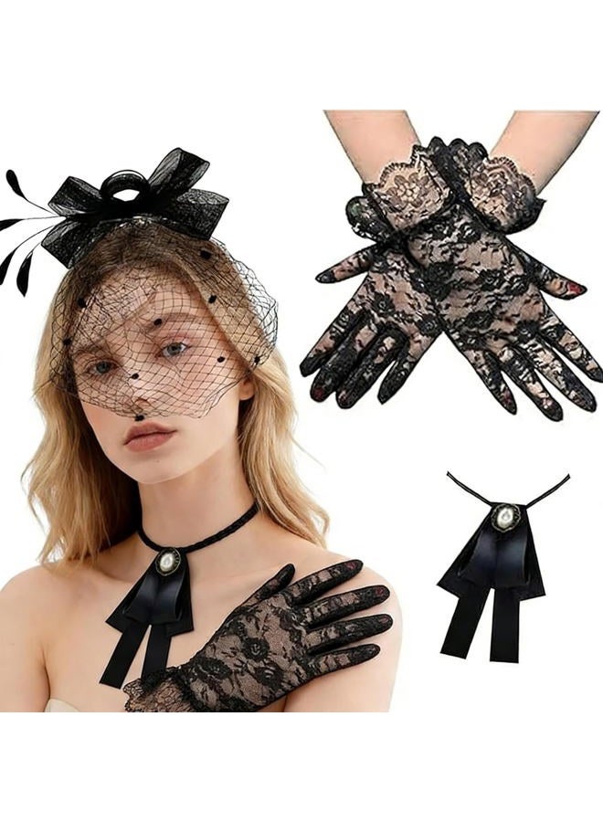Aulufft Veil Fascinator Hat, Feather Veil Mesh Hat, Black Bow Tie and Short Lace Gloves for Women Costume Accessories Tea Party, Black, One size - Image 1