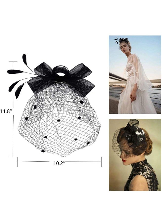 Aulufft Veil Fascinator Hat, Feather Veil Mesh Hat, Black Bow Tie and Short Lace Gloves for Women Costume Accessories Tea Party, Black, One size - Image 2