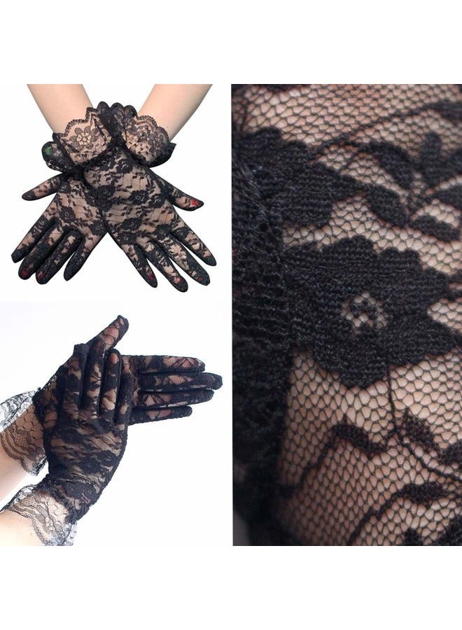 Aulufft Veil Fascinator Hat, Feather Veil Mesh Hat, Black Bow Tie and Short Lace Gloves for Women Costume Accessories Tea Party, Black, One size - Image 3