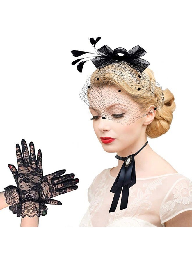Aulufft Veil Fascinator Hat, Feather Veil Mesh Hat, Black Bow Tie and Short Lace Gloves for Women Costume Accessories Tea Party, Black, One size - Image 4
