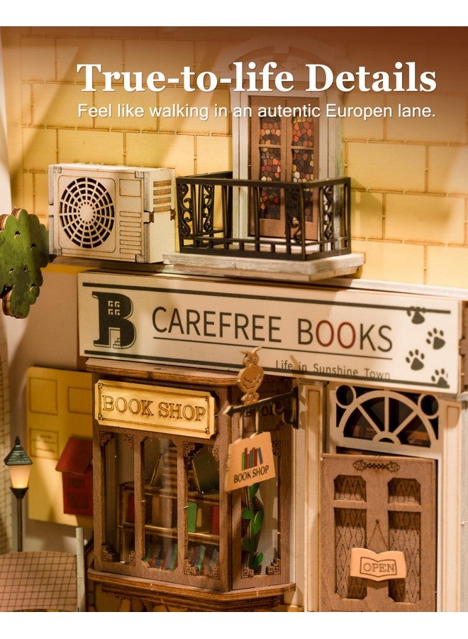 Rolife Rolife DIY Book Nook Kit 3D Wooden Puzzle for Adults 9.5" Bookshelf Indert Decor with LED Miniature Dollhouse Kit Bookend Crafts Diorama Hobbies Gifts for Boys Girls (Sunshine Town) - Image 3