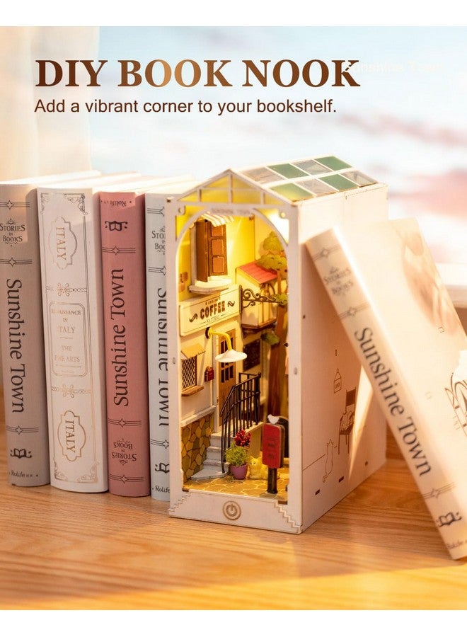 Rolife Rolife DIY Book Nook Kit 3D Wooden Puzzle for Adults 9.5" Bookshelf Indert Decor with LED Miniature Dollhouse Kit Bookend Crafts Diorama Hobbies Gifts for Boys Girls (Sunshine Town) - Image 2