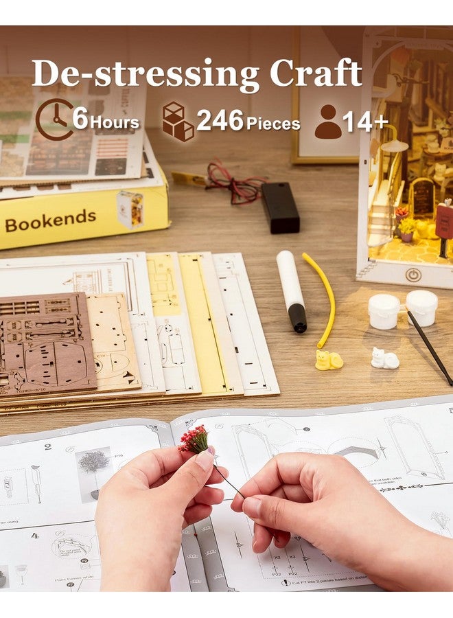 Rolife Rolife DIY Book Nook Kit 3D Wooden Puzzle for Adults 9.5" Bookshelf Indert Decor with LED Miniature Dollhouse Kit Bookend Crafts Diorama Hobbies Gifts for Boys Girls (Sunshine Town) - Image 5