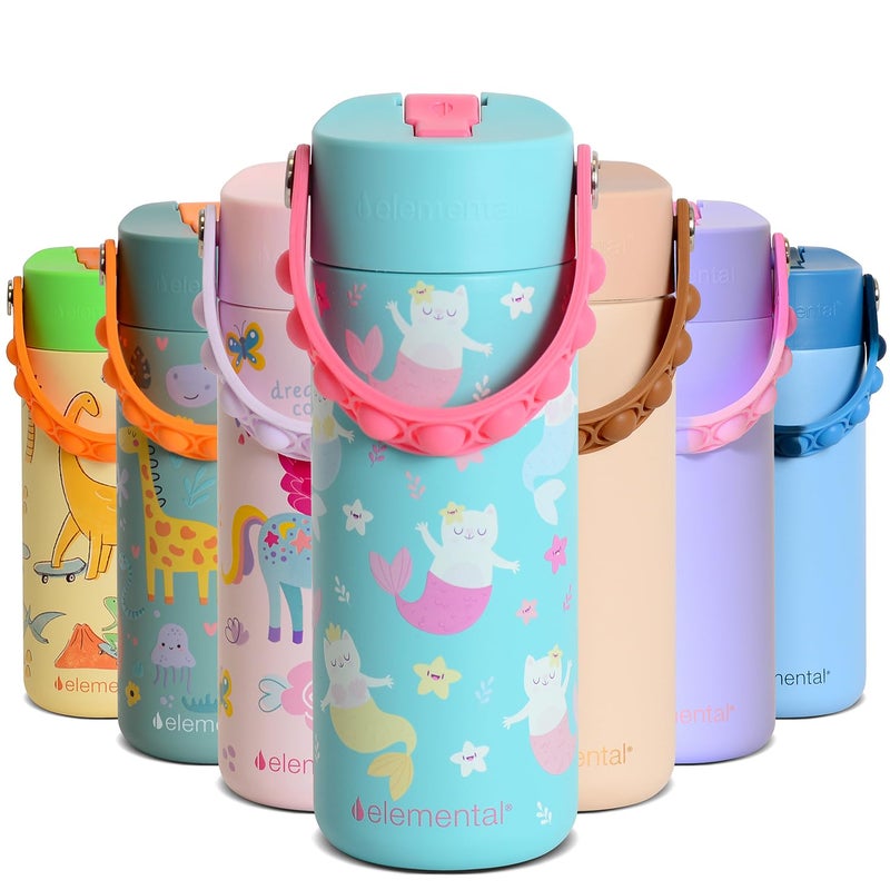 Elemental Insulated Kids Water Bottle, Stainless Steel Water Bottle with Straw Lid & Pop-It Handle, Leak-Proof Water Bottles for School, Boys or Girls, Travelling and Sports, 18oz - Meowmaid - Image 1