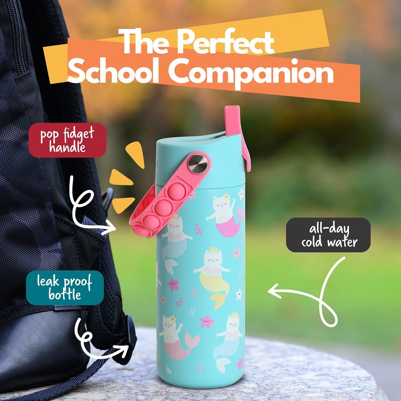 Elemental Insulated Kids Water Bottle, Stainless Steel Water Bottle with Straw Lid & Pop-It Handle, Leak-Proof Water Bottles for School, Boys or Girls, Travelling and Sports, 18oz - Meowmaid - Image 4