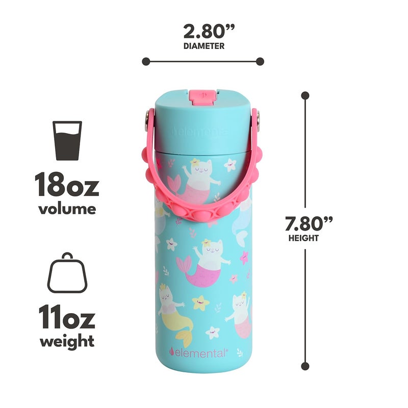 Elemental Insulated Kids Water Bottle, Stainless Steel Water Bottle with Straw Lid & Pop-It Handle, Leak-Proof Water Bottles for School, Boys or Girls, Travelling and Sports, 18oz - Meowmaid - Image 2