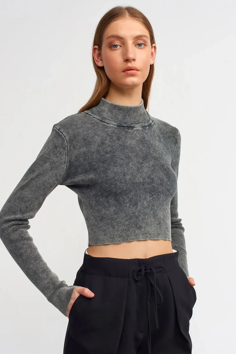 Dilvin Charcoal Grey DILVIN Women's Cropped Ribbed Half-Turtleneck Sweater for Women | Best Price UAE
