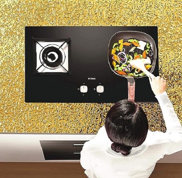 SIA VENDORS Kitchen Oil Proof Sticker Wallpaper Backsplash Aluminum foil Oil self-Adhesive Paper Waterproof Heat Resistant Drawer Sticker (12 X 60 Inch, Gold Texture- 2) - Image 2