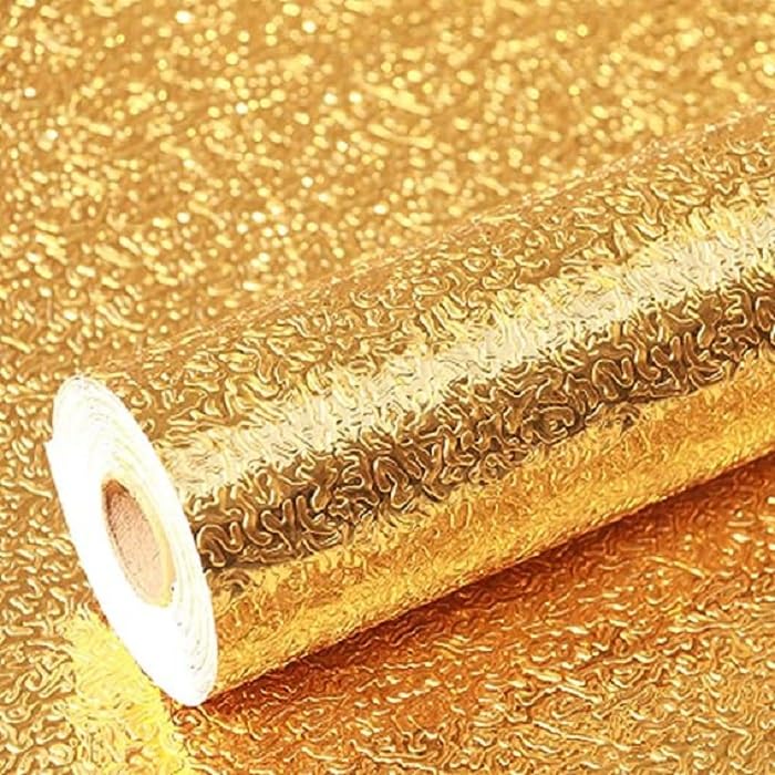 SIA VENDORS Kitchen Oil Proof Sticker Wallpaper Backsplash Aluminum foil Oil self-Adhesive Paper Waterproof Heat Resistant Drawer Sticker (12 X 60 Inch, Gold Texture- 2) - Image 3