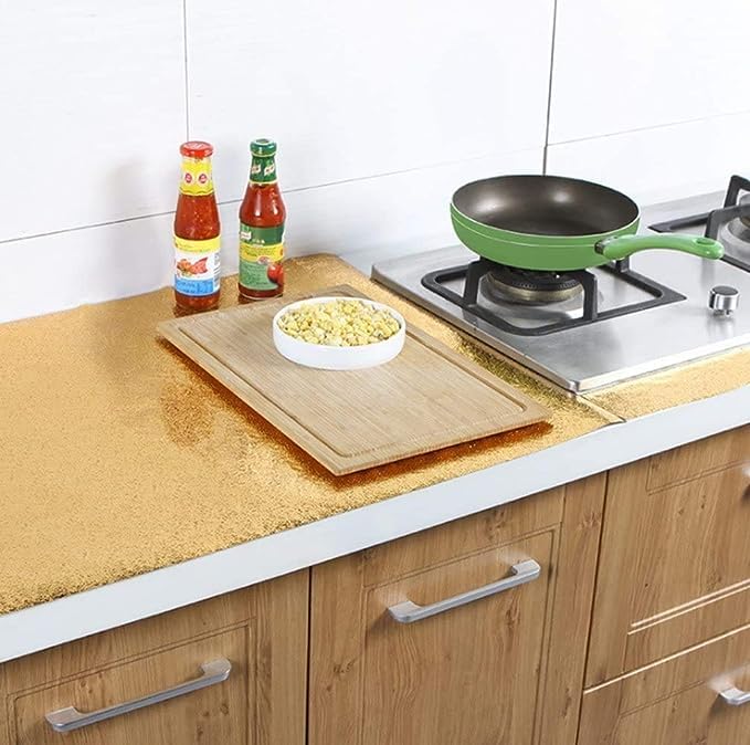 SIA VENDORS Kitchen Oil Proof Sticker Wallpaper Backsplash Aluminum foil Oil self-Adhesive Paper Waterproof Heat Resistant Drawer Sticker (12 X 60 Inch, Gold Texture- 2) - Image 5