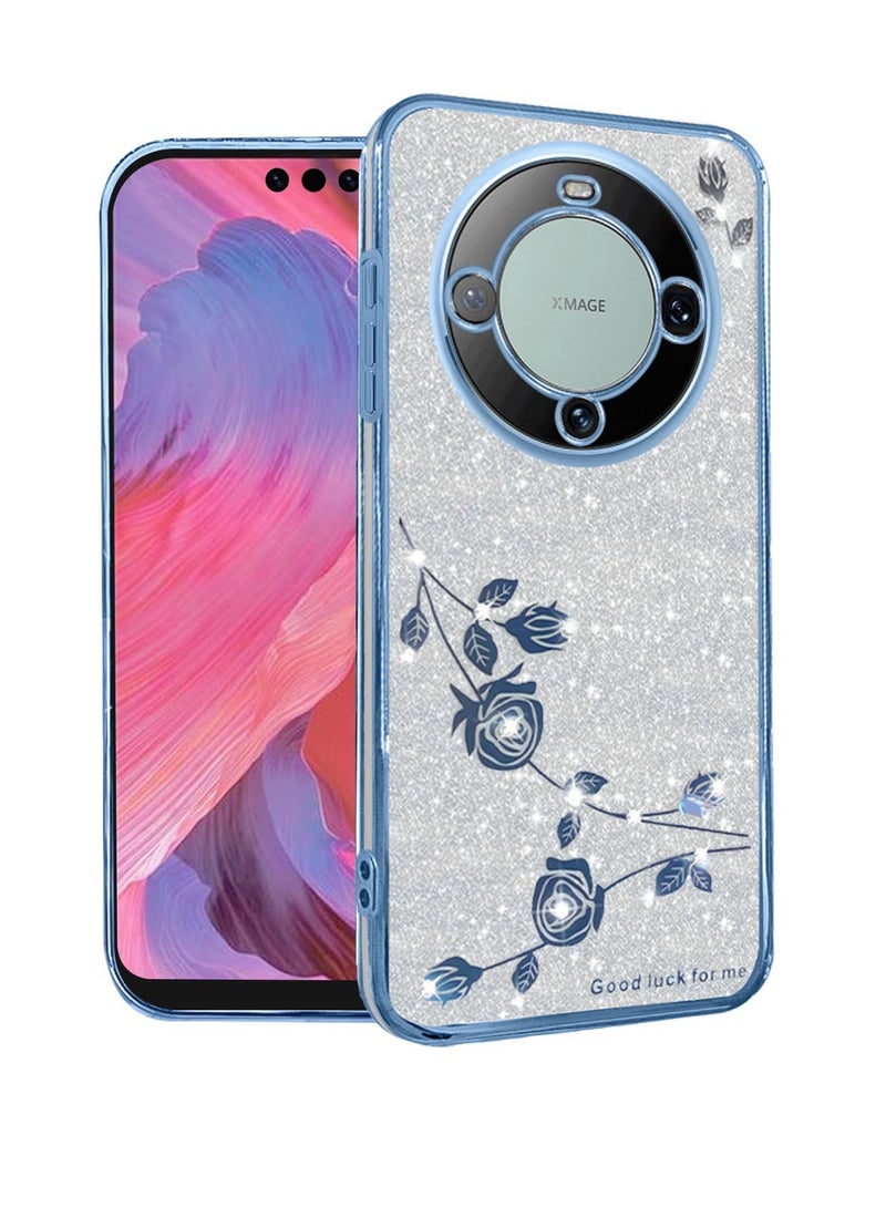 SYOSI Compatible with Huawei Mate 60 Pro Case, Clear Glitter Sparkle Luxury Shiny Huawei Mate 60 Pro Phone Case Silicone TPU Soft Flower Transparent Shockproof Cover Pruple Thin (Silver-Blue) - Image 1