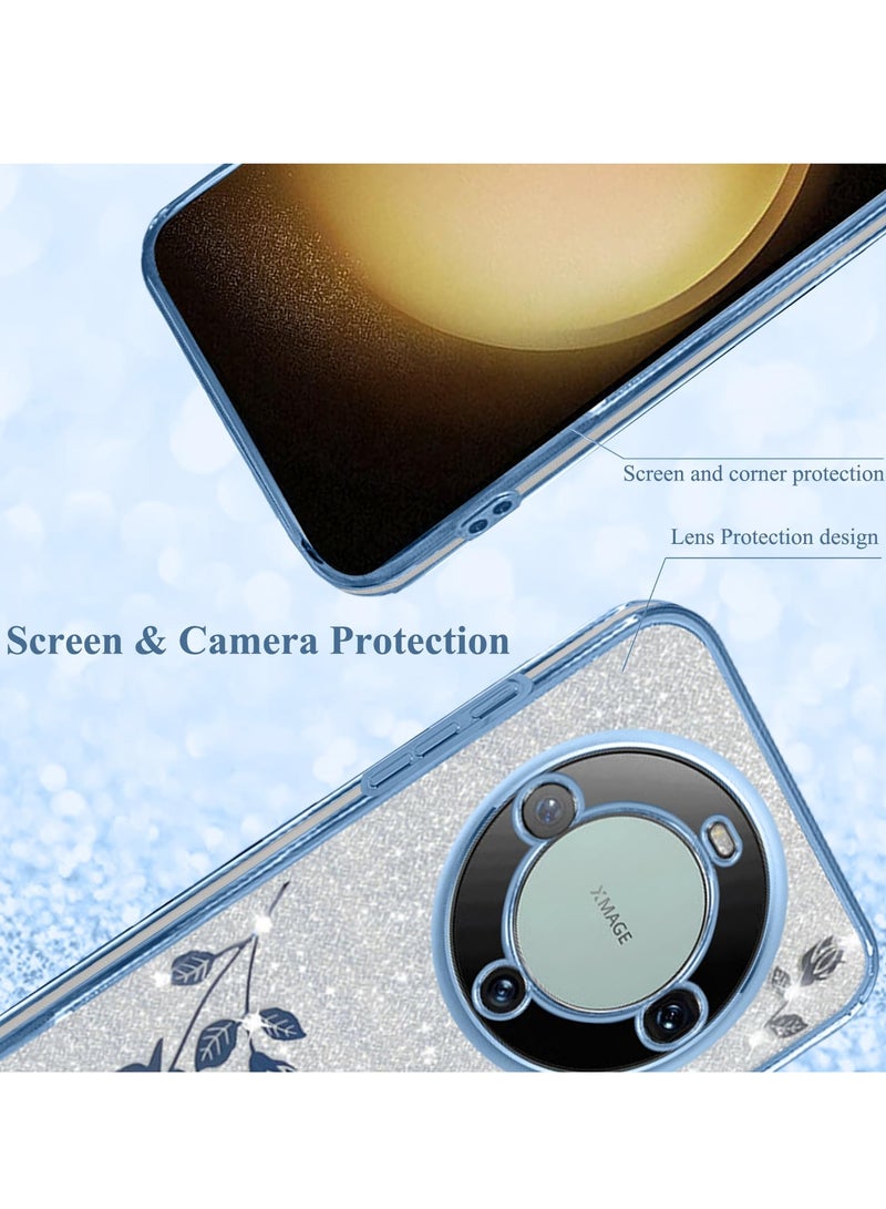 SYOSI Compatible with Huawei Mate 60 Pro Case, Clear Glitter Sparkle Luxury Shiny Huawei Mate 60 Pro Phone Case Silicone TPU Soft Flower Transparent Shockproof Cover Pruple Thin (Silver-Blue) - Image 5