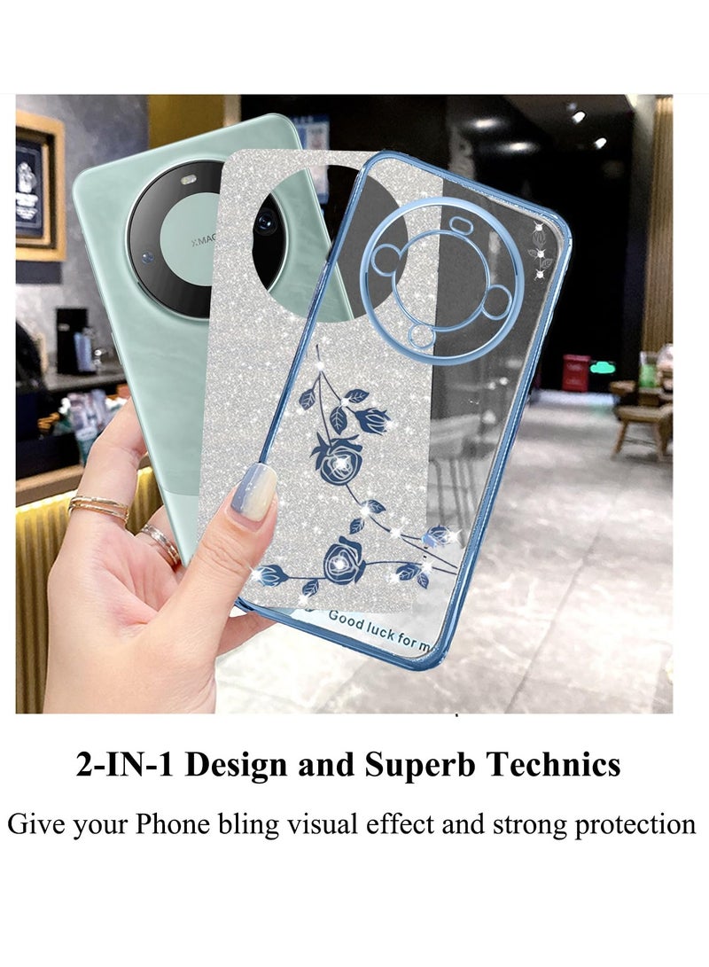 SYOSI Compatible with Huawei Mate 60 Pro Case, Clear Glitter Sparkle Luxury Shiny Huawei Mate 60 Pro Phone Case Silicone TPU Soft Flower Transparent Shockproof Cover Pruple Thin (Silver-Blue) - Image 4