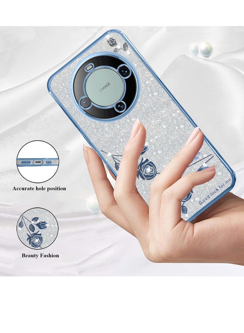SYOSI Compatible with Huawei Mate 60 Pro Case, Clear Glitter Sparkle Luxury Shiny Huawei Mate 60 Pro Phone Case Silicone TPU Soft Flower Transparent Shockproof Cover Pruple Thin (Silver-Blue) - Image 2