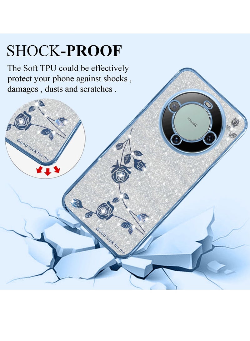 SYOSI Compatible with Huawei Mate 60 Pro Case, Clear Glitter Sparkle Luxury Shiny Huawei Mate 60 Pro Phone Case Silicone TPU Soft Flower Transparent Shockproof Cover Pruple Thin (Silver-Blue) - Image 3