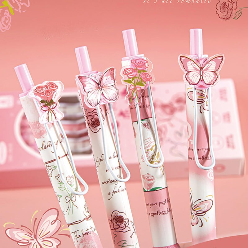 MOZXIRZ 4 Pcs Pink Rose Butterfly Pens Cute Retractable Pen 0.5mm Black Ink Writing Pen Kawaii Aesthetic Gel Pens for Women Men Office School Supplies (Pink) - Image 3