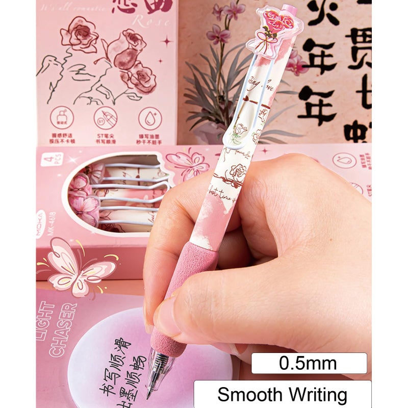 MOZXIRZ 4 Pcs Pink Rose Butterfly Pens Cute Retractable Pen 0.5mm Black Ink Writing Pen Kawaii Aesthetic Gel Pens for Women Men Office School Supplies (Pink) - Image 4