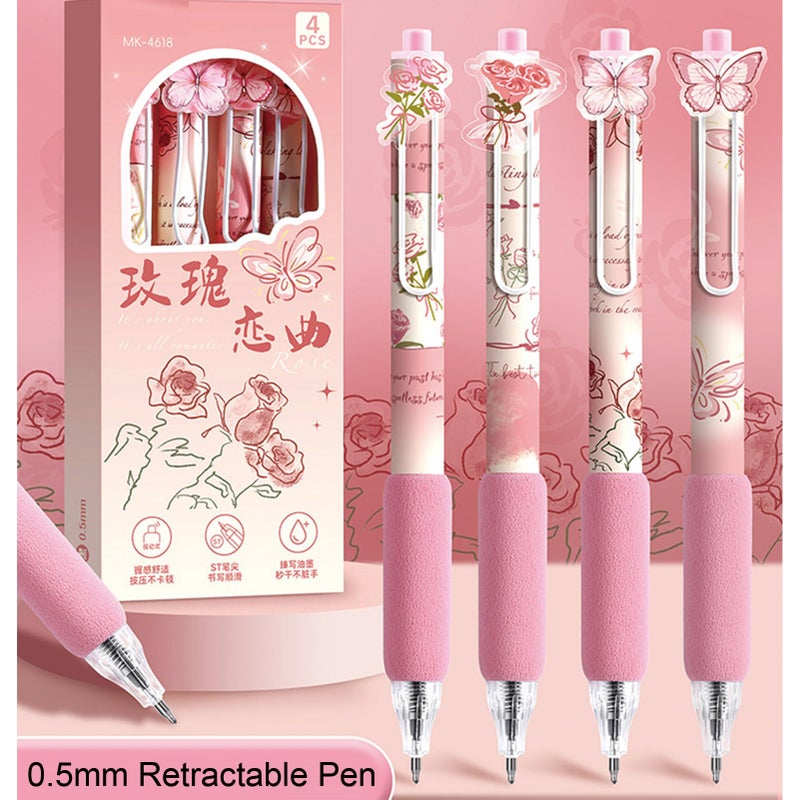MOZXIRZ 4 Pcs Pink Rose Butterfly Pens Cute Retractable Pen 0.5mm Black Ink Writing Pen Kawaii Aesthetic Gel Pens for Women Men Office School Supplies (Pink) - Image 2