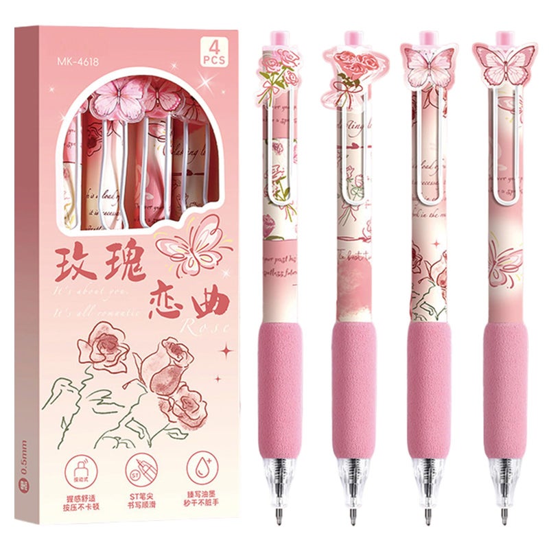 MOZXIRZ 4 Pcs Pink Rose Butterfly Pens Cute Retractable Pen 0.5mm Black Ink Writing Pen Kawaii Aesthetic Gel Pens for Women Men Office School Supplies (Pink) - Image 1