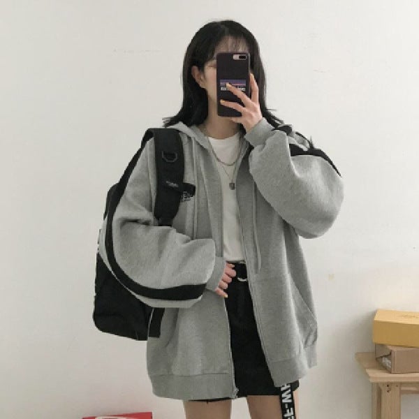 New Korean Harajuku Letter Embroidery Hoodie Light gray 