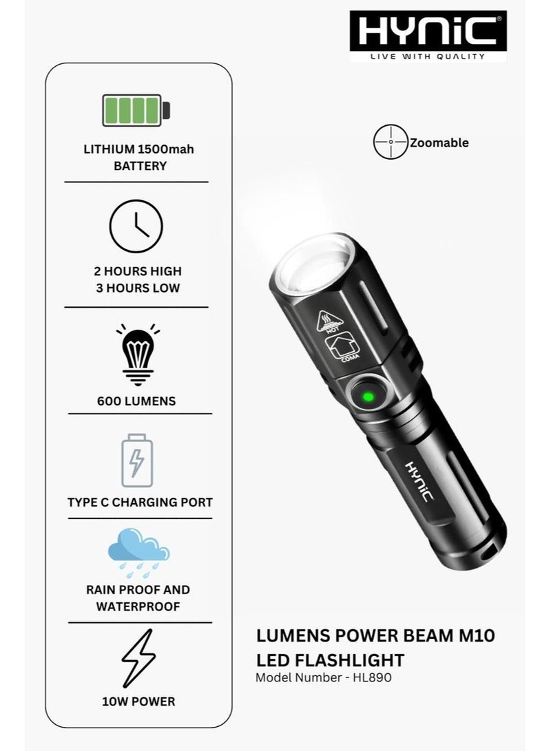 Hynic Lumens Power Beam M10 LED Flashlight – 600 Lumens Rechargeable Tactical Torch, Waterproof Aluminum Alloy Body, 3 Modes & 1500mAh Battery - Image 1