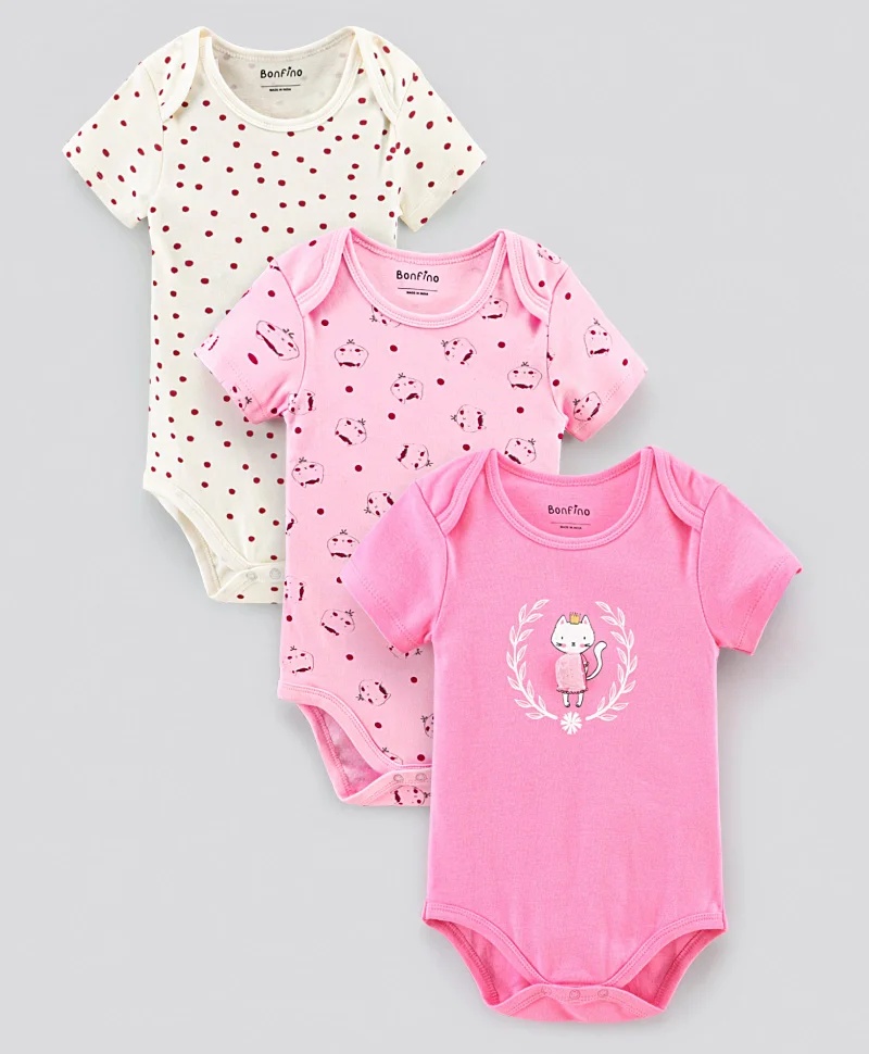Bonfino Bonfino Half Sleeves Onesies Multi Print Pack of 3 - Off White