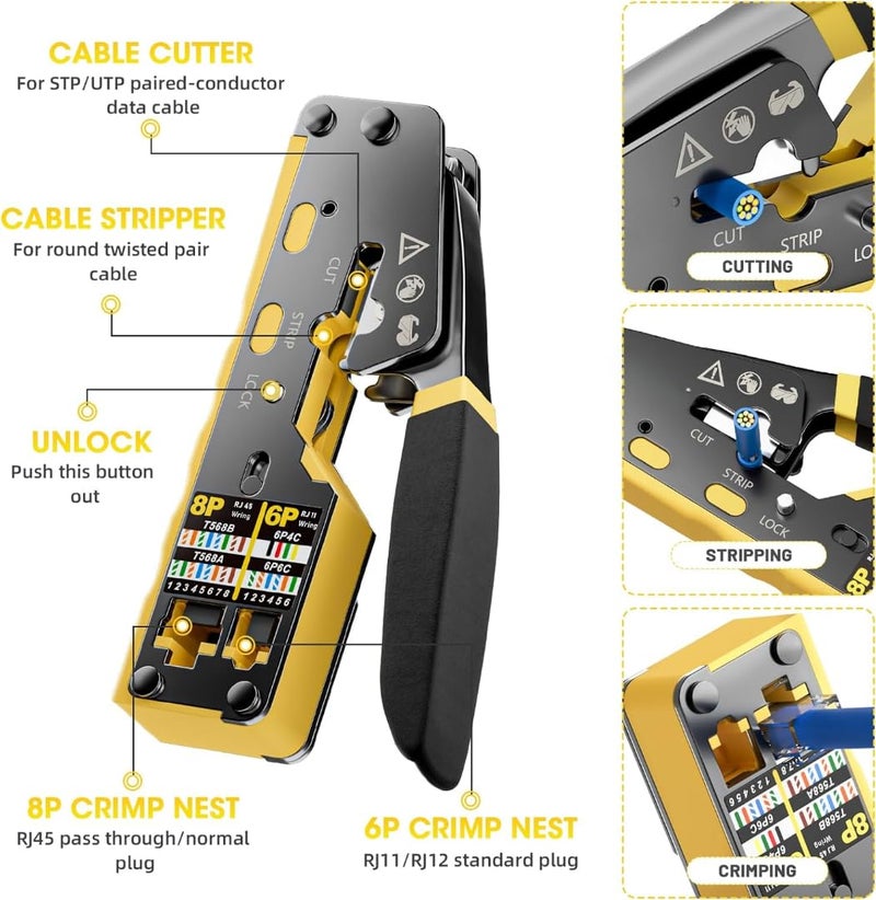 XIKKART Cat7 Crimping Tool, Pass Through RJ45 Ethernet Crimper for Cat7, Cat6A, Cat6, Cat5E, Cat5 Connectors, Heavy Duty Network Cable Crimp Tool Kit, RJ45 Crimper, Tool Kit (Multicolor) - Image 5