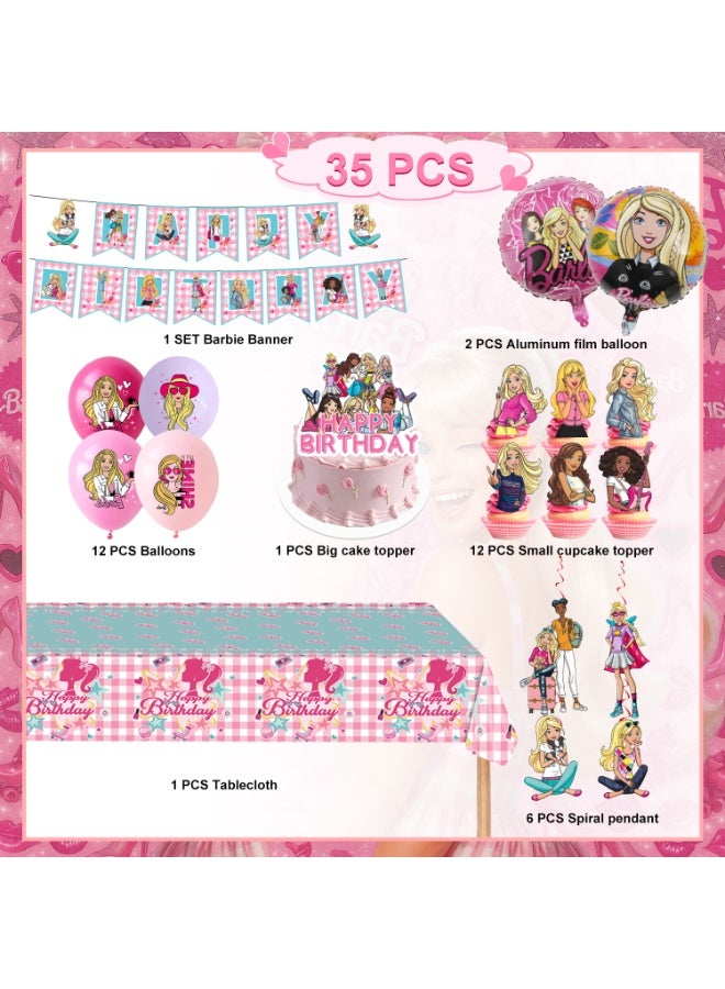 ILovhaprty Barbie Princess Birthday Party Decorations, 35pcs Barbie Party Decoration Set - Barbie Balloons Banner Tablecloth Cupcake Toppers etc Barbie Princess Birthday Party Supplies - Image 3
