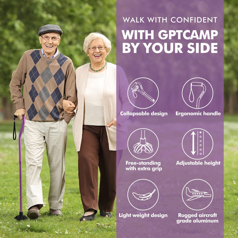 GPTCAMP G1 Walking Stick, Walking Cane for Women & Men with Wrist Strap, Lightweight & Sturdy Offset EVA Handle, Large Quad Base, Self Standing for Seniors and People with Injuries & Recovery - Image 2