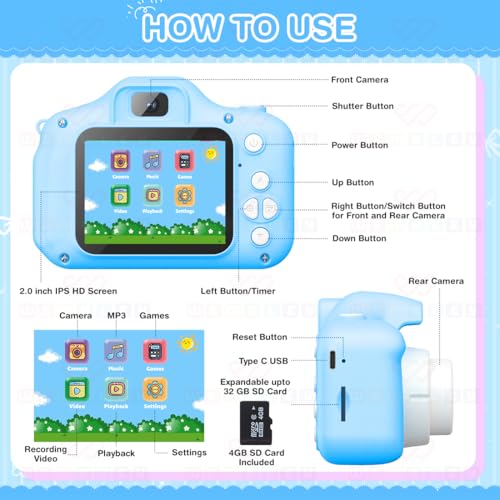 Wembley Kids Digital Camera Compact Dino Design Selfie Camera Video Recorder Photo Capture Games 4GB SD Card 2.0 Inch Screen for Girls Boys 4+ 5 6 7 8 - Blue - Image 4