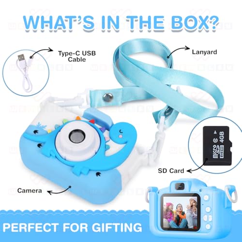 Wembley Kids Digital Camera Compact Dino Design Selfie Camera Video Recorder Photo Capture Games 4GB SD Card 2.0 Inch Screen for Girls Boys 4+ 5 6 7 8 - Blue - Image 2