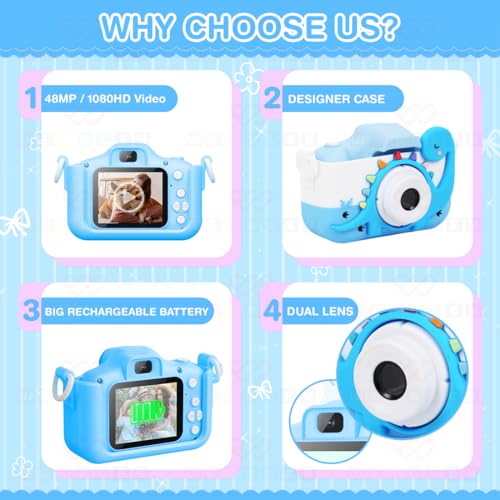 Wembley Kids Digital Camera Compact Dino Design Selfie Camera Video Recorder Photo Capture Games 4GB SD Card 2.0 Inch Screen for Girls Boys 4+ 5 6 7 8 - Blue - Image 5