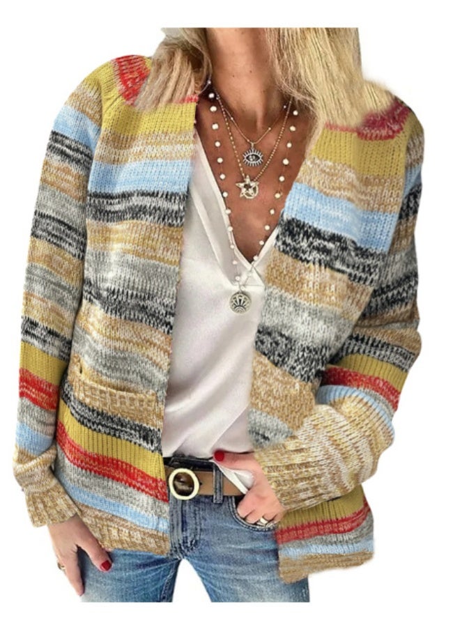 NIBEMINENT Women Cardigan Sweater Colorful Striped Knitted Coats Long Sleeve Knitwear Jackets Fall Winter Casual - Image 1
