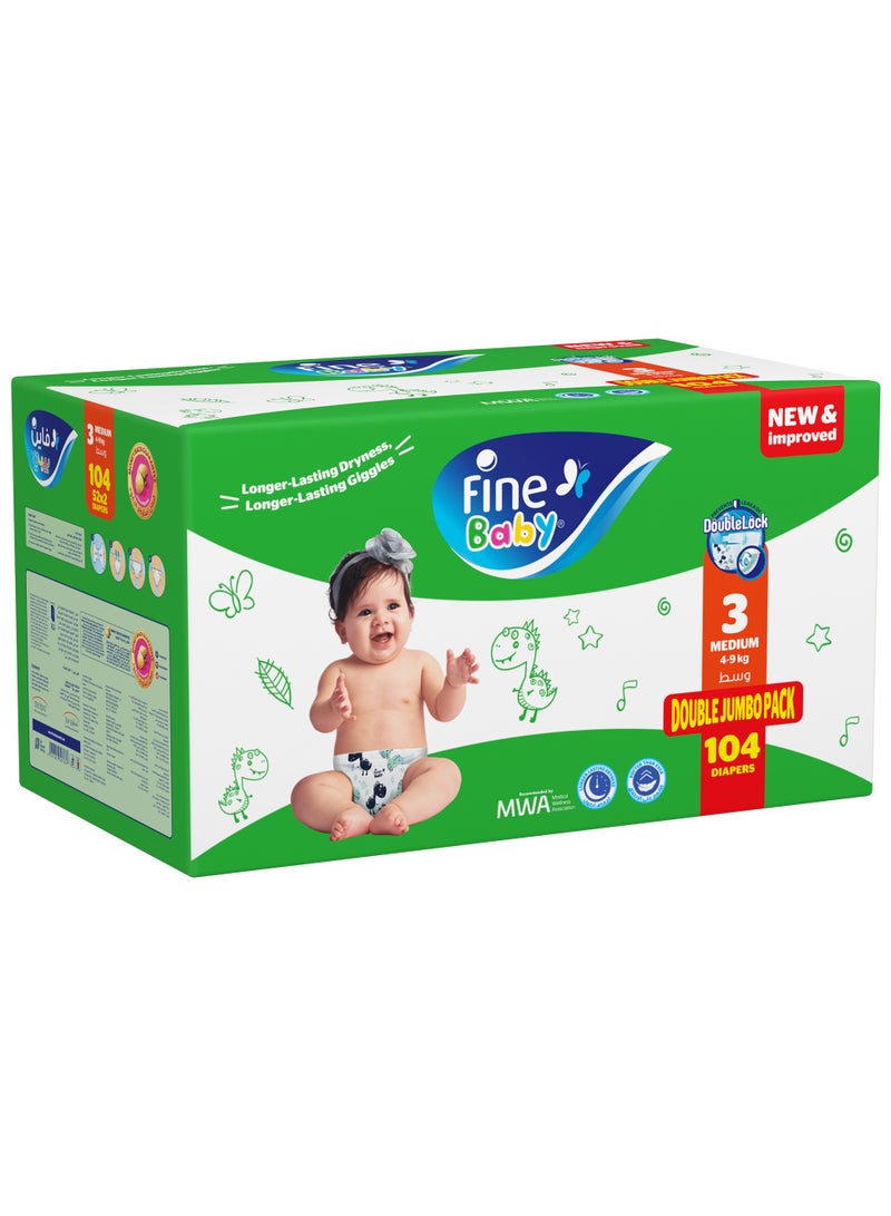 Fine Baby حفاضات أطفال متوسطة 4-9 كجم 104 قطعة - Image 1