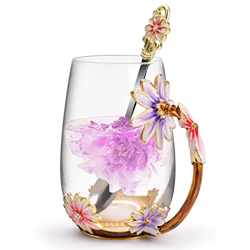 OEAGO Purple Gifts for Women Mom Mothers Day Glass Coffee Enamels Mug Best Birthday Flower Gifts for Her from Daughter Son Lead-Free Christmas Tea Cup with Spoon Set - Image 1