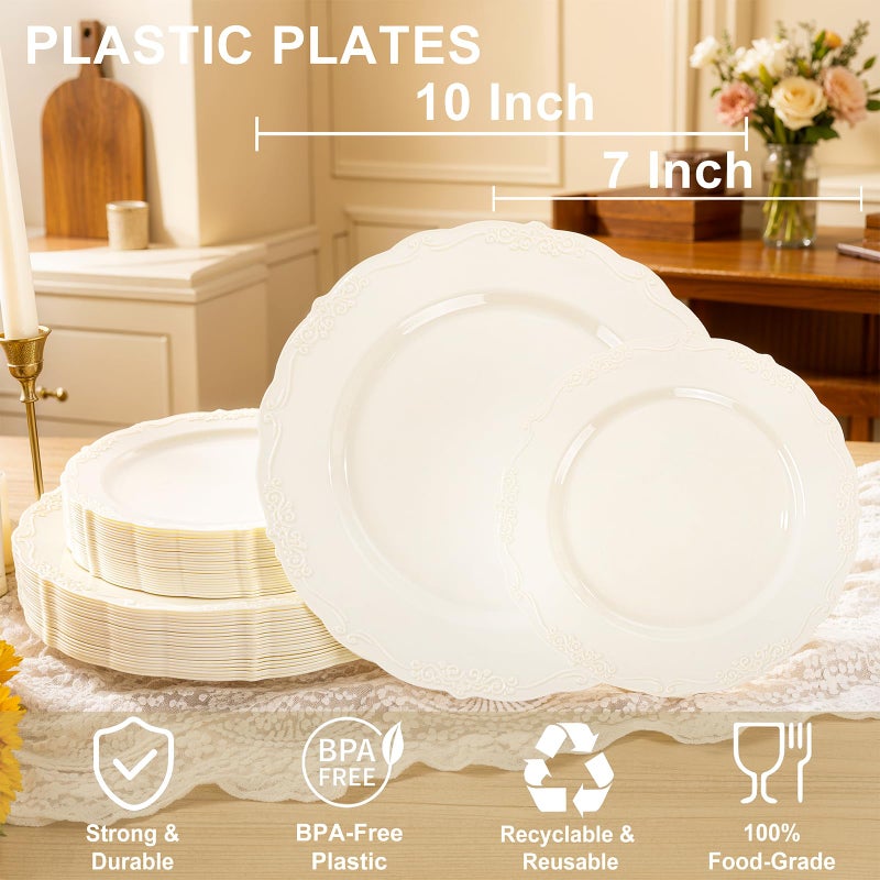 U-QE 100 Pieces Ivory Plastic Plates for Party - Ivory Disposable Plastic Plates - Heavy Duty Disposable Platos Including 50 Dinner 10 '' & 50 Dessert 7.5 '' for Weddings - Image 2