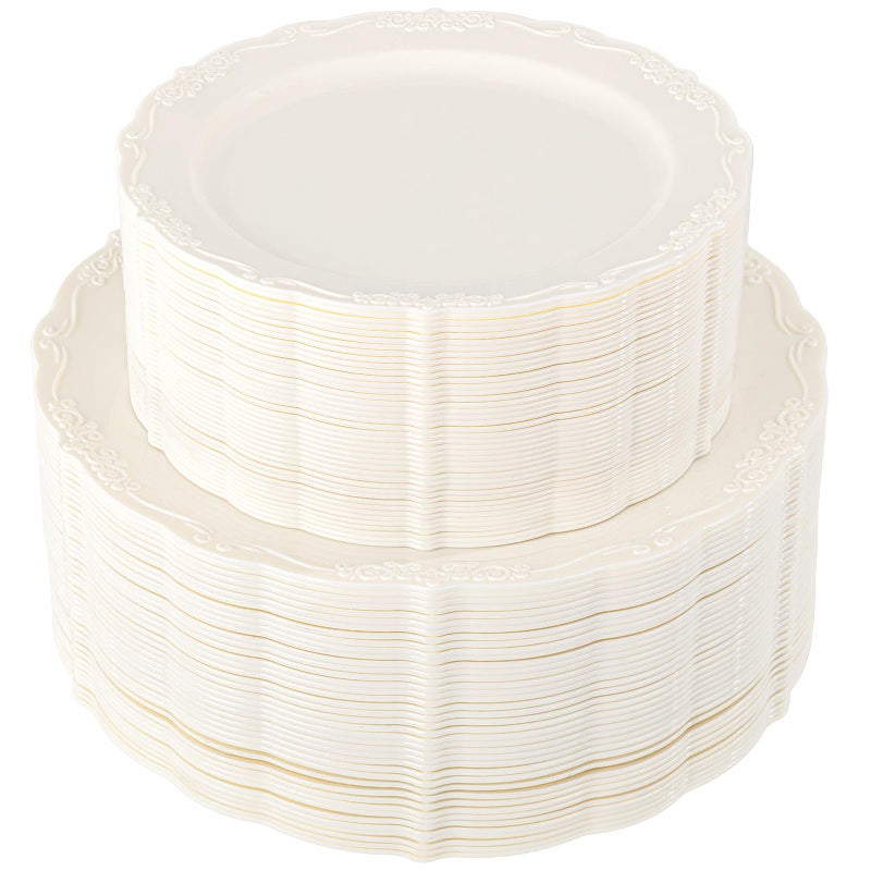 U-QE 100 Pieces Ivory Plastic Plates for Party - Ivory Disposable Plastic Plates - Heavy Duty Disposable Platos Including 50 Dinner 10 '' & 50 Dessert 7.5 '' for Weddings - Image 1