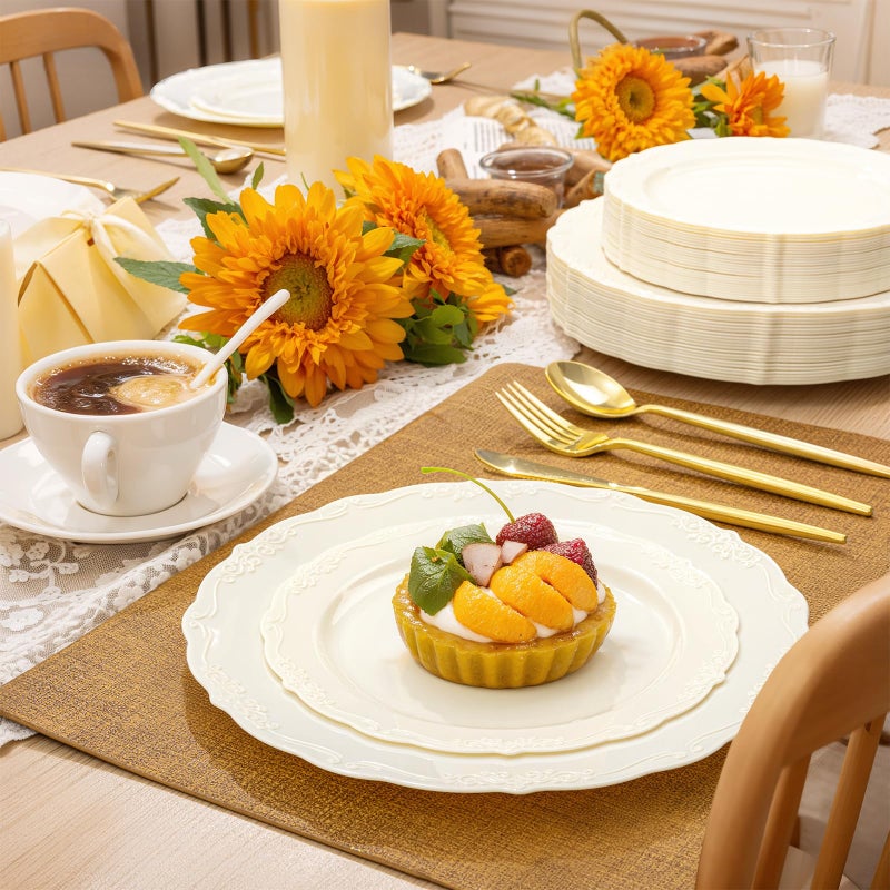 U-QE 100 Pieces Ivory Plastic Plates for Party - Ivory Disposable Plastic Plates - Heavy Duty Disposable Platos Including 50 Dinner 10 '' & 50 Dessert 7.5 '' for Weddings - Image 3