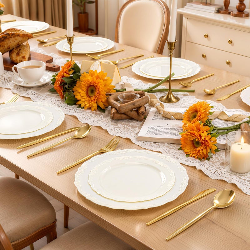 U-QE 100 Pieces Ivory Plastic Plates for Party - Ivory Disposable Plastic Plates - Heavy Duty Disposable Platos Including 50 Dinner 10 '' & 50 Dessert 7.5 '' for Weddings - Image 5