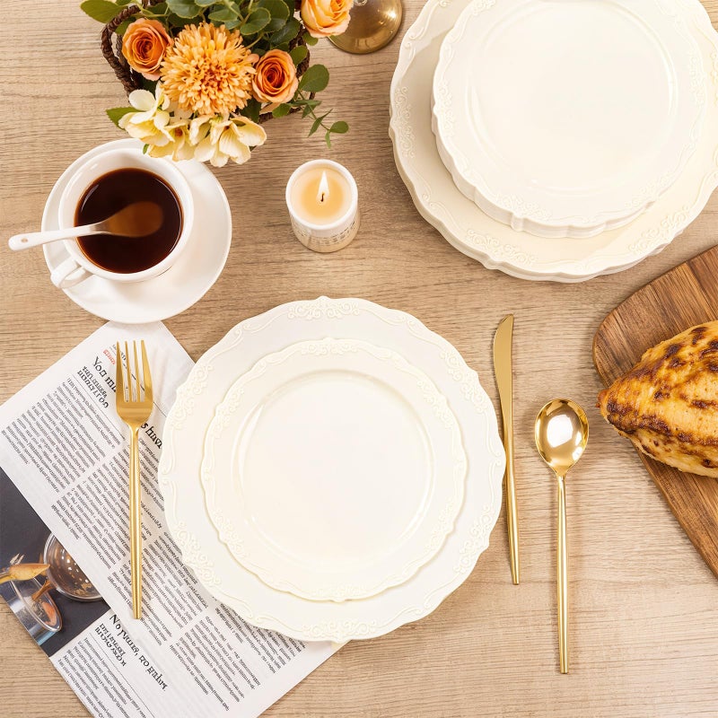 U-QE 100 Pieces Ivory Plastic Plates for Party - Ivory Disposable Plastic Plates - Heavy Duty Disposable Platos Including 50 Dinner 10 '' & 50 Dessert 7.5 '' for Weddings - Image 4
