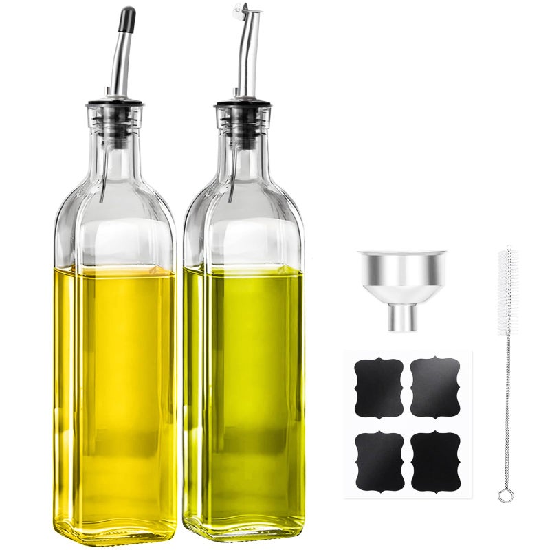 MEIDAYAI Olive Oil Dispenser Bottle 2 Pcs Glass Oil Bottle for Kitchen Oil and Vinegar Dispenser Set with 2 Stainless Steel Pourers 4 Labels1 Brush and 1 Funnel - Image 2