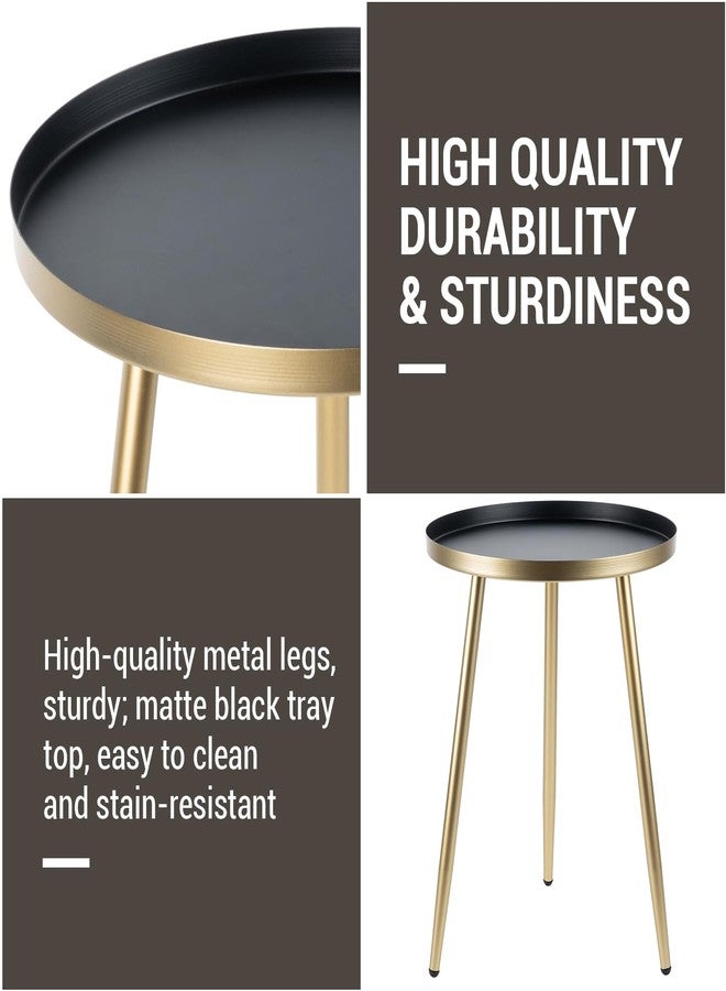 MyGift Gold End Table, Metal Nightstand, 22 Inch Tall Round Side Table with Matte Black Tray Top for Living Room Sofa Side Table Bedroom Plant Stand Home Decor - Image 3