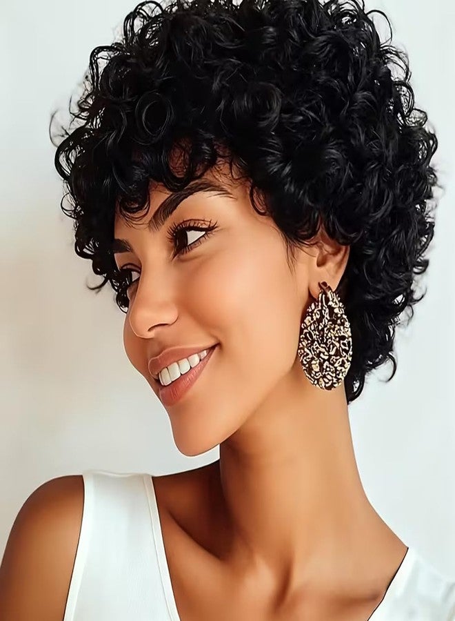 Feelgrace Short Curly Bangs Wigs for Black Women Human Hair Curly Wig with Bangs Curly Bob Glueless Wig 150% Density - Image 1