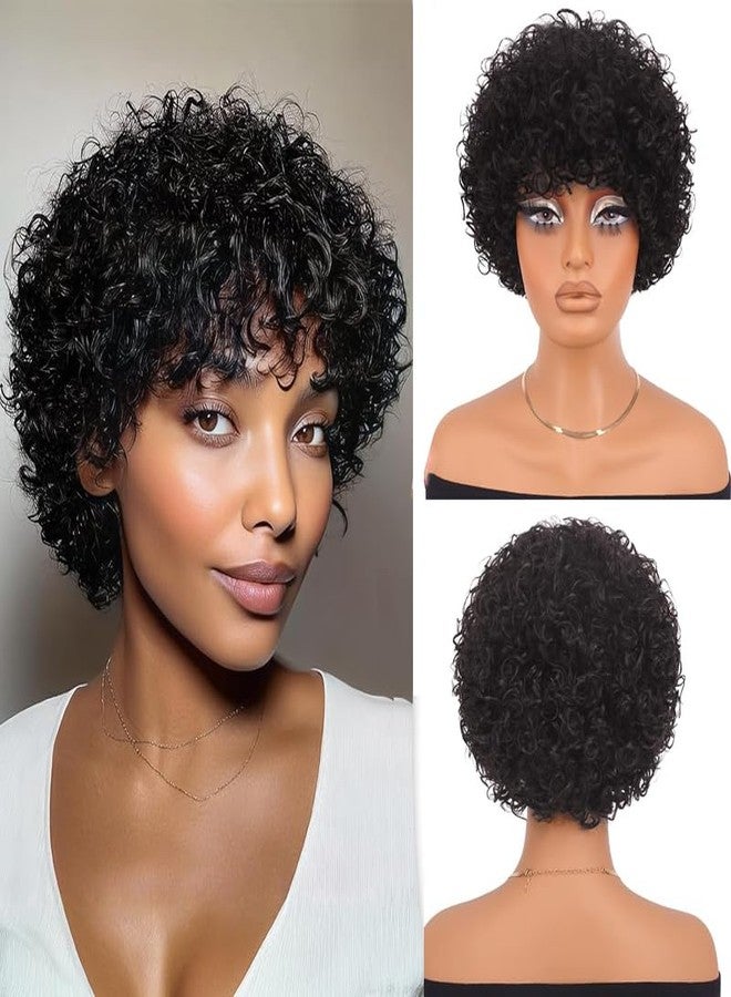 Feelgrace Short Curly Bangs Wigs for Black Women Human Hair Curly Wig with Bangs Curly Bob Glueless Wig 150% Density - Image 3