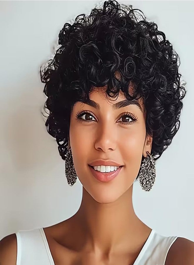 Feelgrace Short Curly Bangs Wigs for Black Women Human Hair Curly Wig with Bangs Curly Bob Glueless Wig 150% Density - Image 2