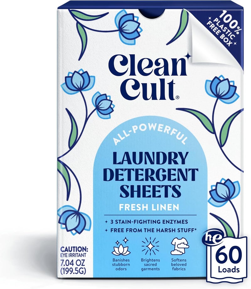 Cleancult Laundry Detergent Sheets - 3 Stain Fighting Enzymes - Concentrated Liquidless Laundry Detergent Sheets - Fresh Linen Scent - 60 Loads - Free of Harsh Chemicals - No Mess - No Plastic Waste - Image 1